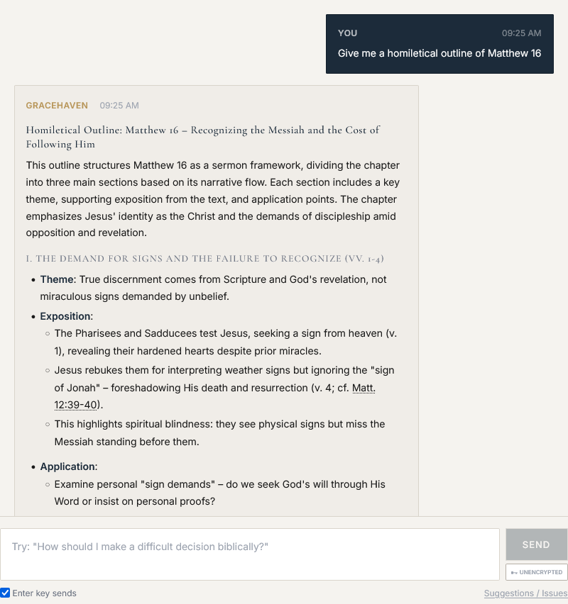 Sermon preparation workspace showing a homiletical outline of Matthew 16