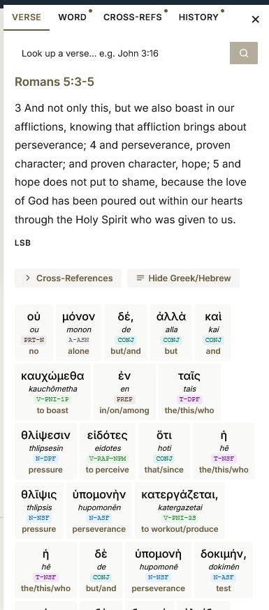 Greek interlinear text for Romans 5:3-5 with morphology and transliteration