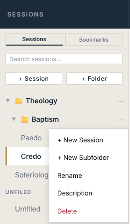 Nested folder organization with context menu for session management