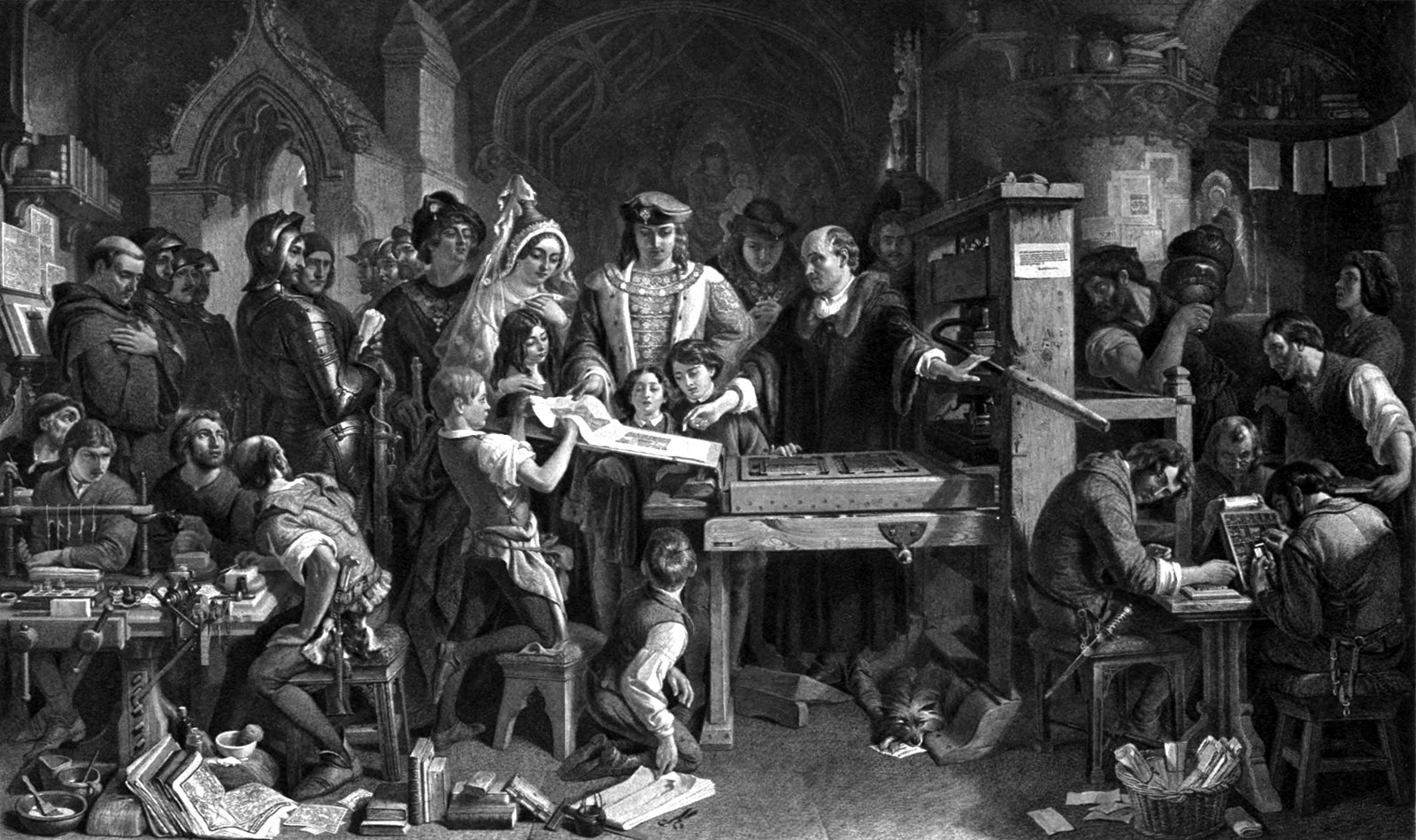 Victorian painting of a crowded fifteenth-century print shop. A man in dark robes shows a freshly printed sheet to a king and queen while workers set type and pull the press around them.