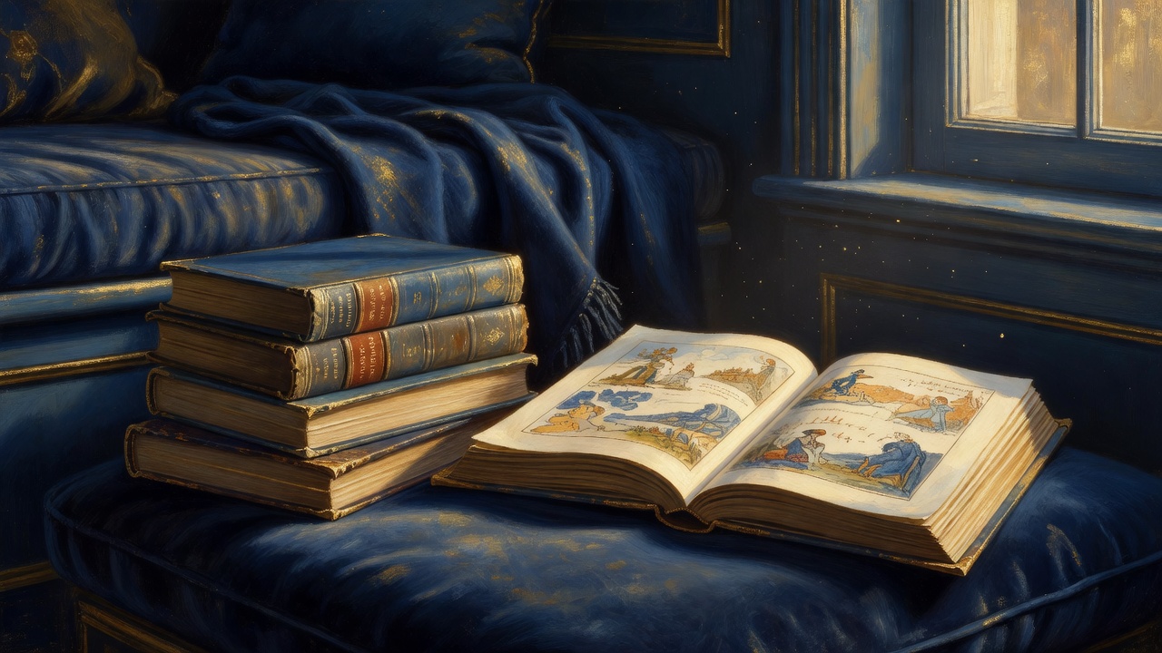 A child's reading nook with a stack of classic clothbound books, an open illustrated volume, and a window of warm afternoon light. Navy and gold tones, oil-painting realism.