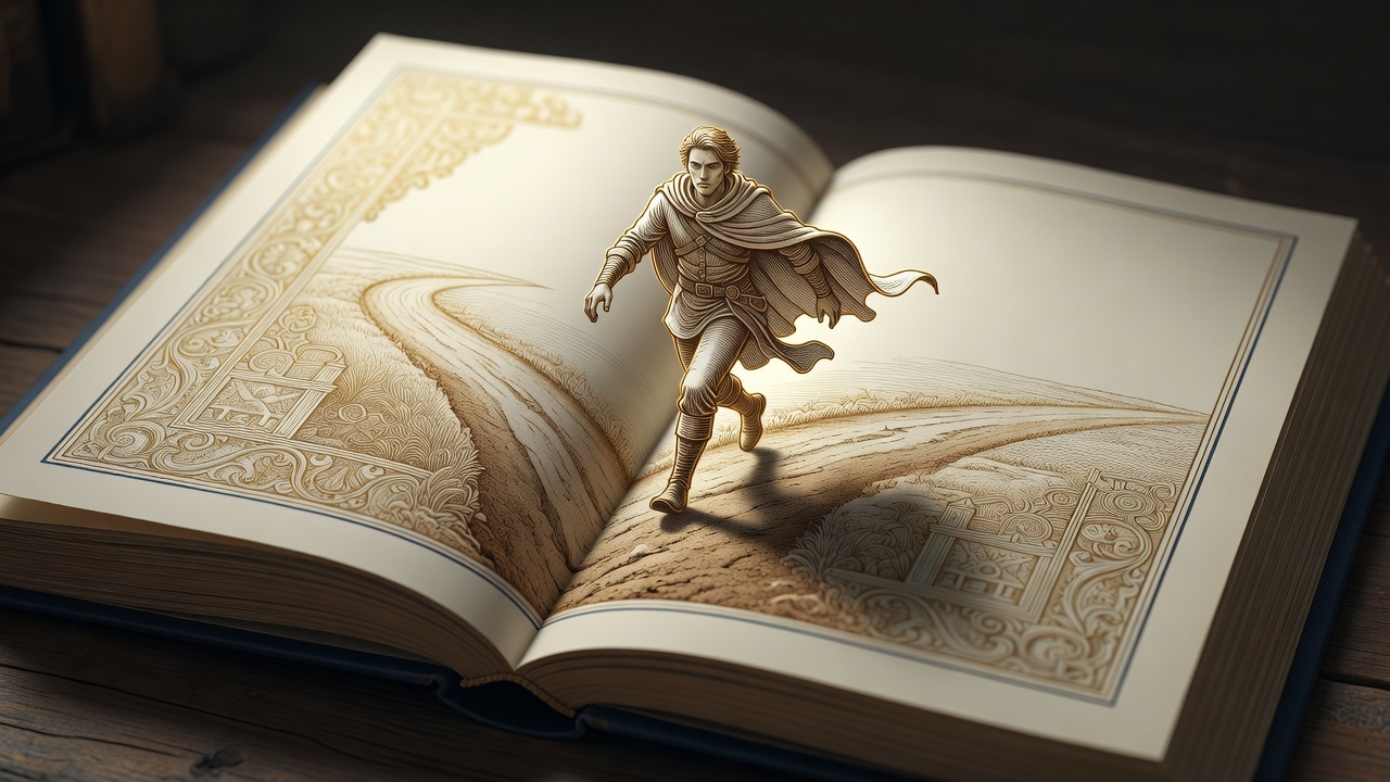 An open book where the printed page gives way to a figure mid-stride at a crossroads, illustrating character revealed through choice. Classical engraving style, warm gold ink on cream, navy border.