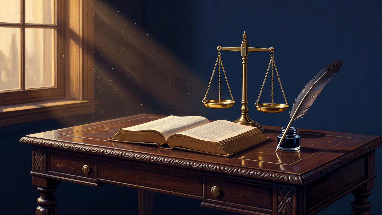 A classical desk with an open Bible, a set of brass balance scales, and a quill, lit by warm window light. Navy and gold tones, oil-painting realism.