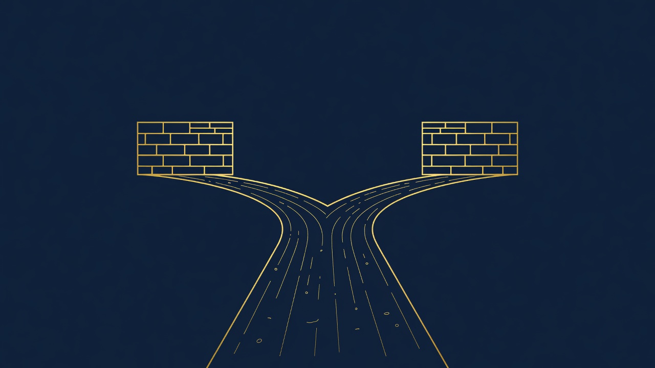 A road splitting into two diverging paths, each ending at a solid stone wall, representing the two failed answers of the dilemma. Classical line-art, gold on deep navy.