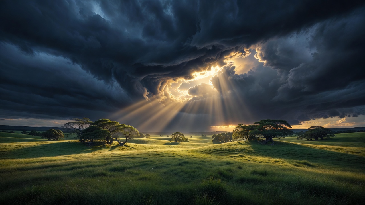 A stormy sky breaking open with golden light piercing through dark navy clouds over a calm landscape, dramatic, contemplative, editorial quality, no people