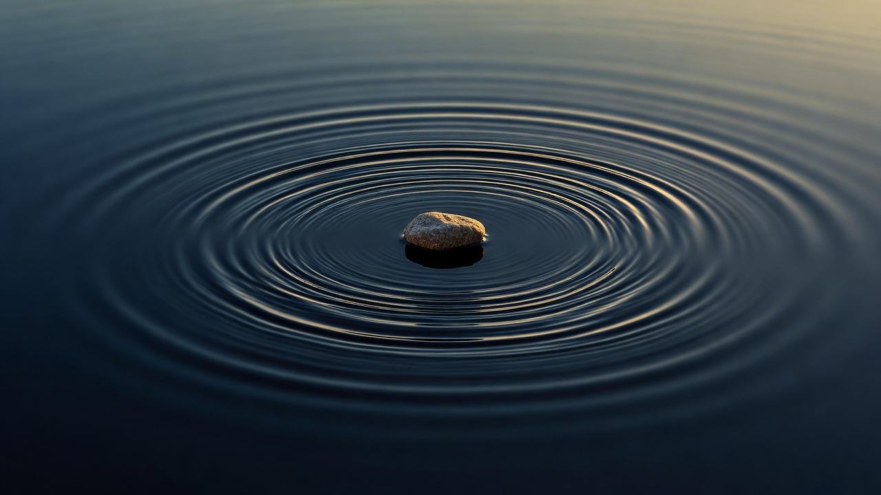 A single stone dropped into still water creating concentric ripples, shot from above with navy and gold tones, contemplative, minimalist, editorial quality, no people
