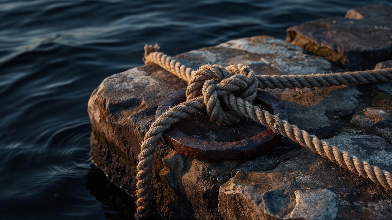 A weathered rope tied firmly to an iron ring on a stone dock, with dark navy water below and warm amber light on the stone, strength, steadfastness, editorial quality, no people