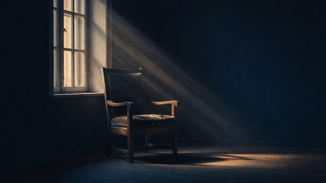 A single chair by a window with soft golden light streaming in, the rest of the room in deep navy shadow, solitary, contemplative, warm, editorial quality, no people