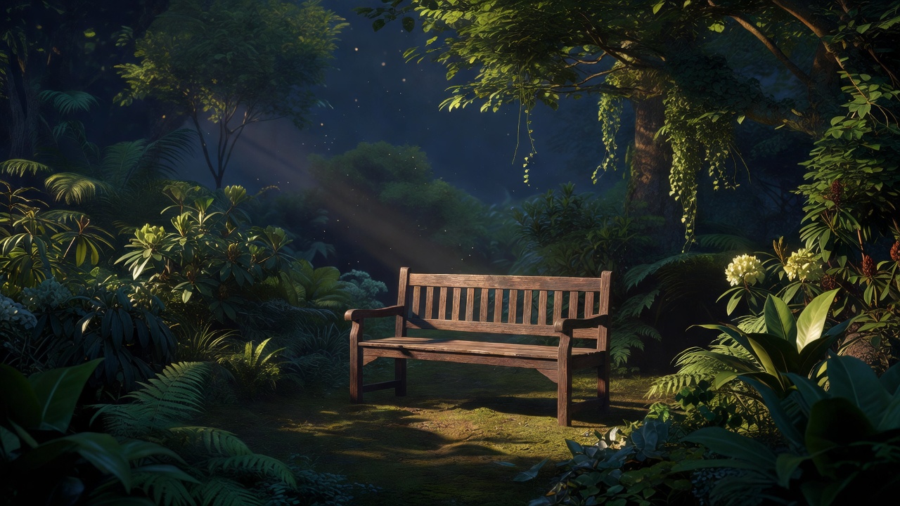An empty wooden bench in a garden with warm light and deep green foliage, navy shadows in the background, inviting, peaceful, contemplative, editorial quality, no people