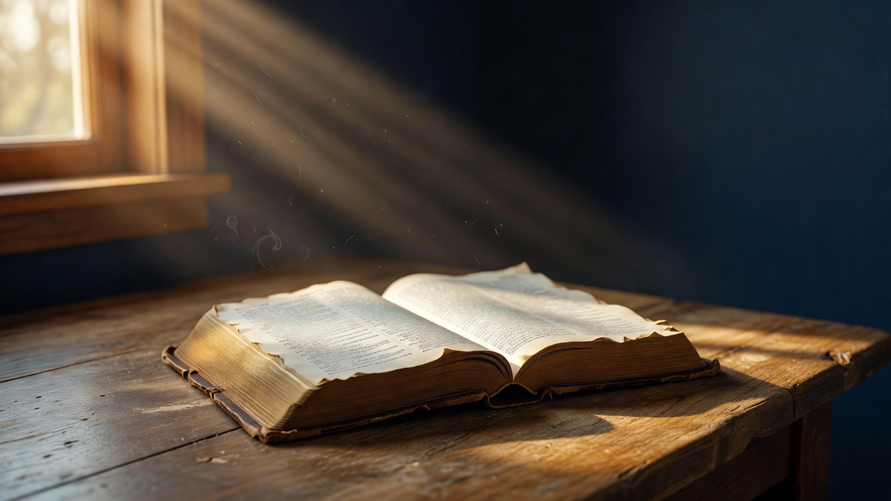 A well-worn Bible open on a kitchen table with morning light streaming through a window, warm golden tones against a deep navy wall, contemplative, editorial quality, no people