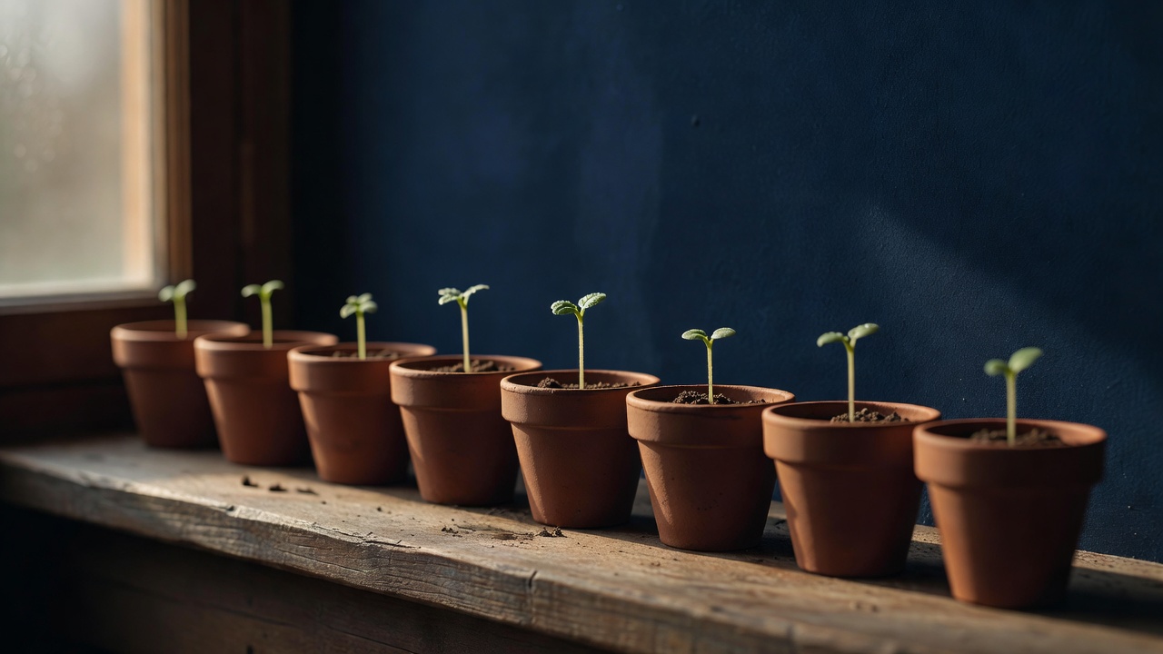 A row of small seedlings in terracotta pots on a windowsill with soft morning light, warm earth tones against a navy backdrop, contemplative, editorial quality, no people