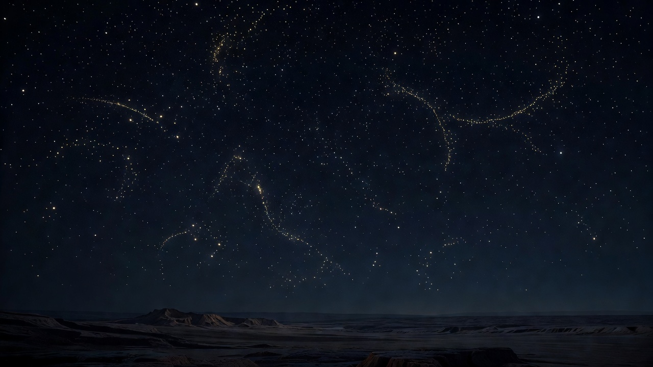 A vast night sky with scattered stars over a dark landscape, deep navy with faint gold starlight, vast, contemplative, editorial quality, no people
