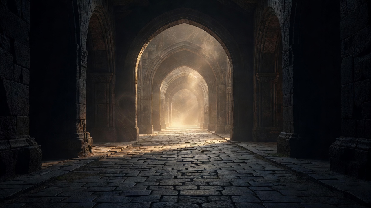 An empty stone pathway leading toward a distant warm golden horizon through dark archways, journey, hope emerging from darkness, editorial quality, no people