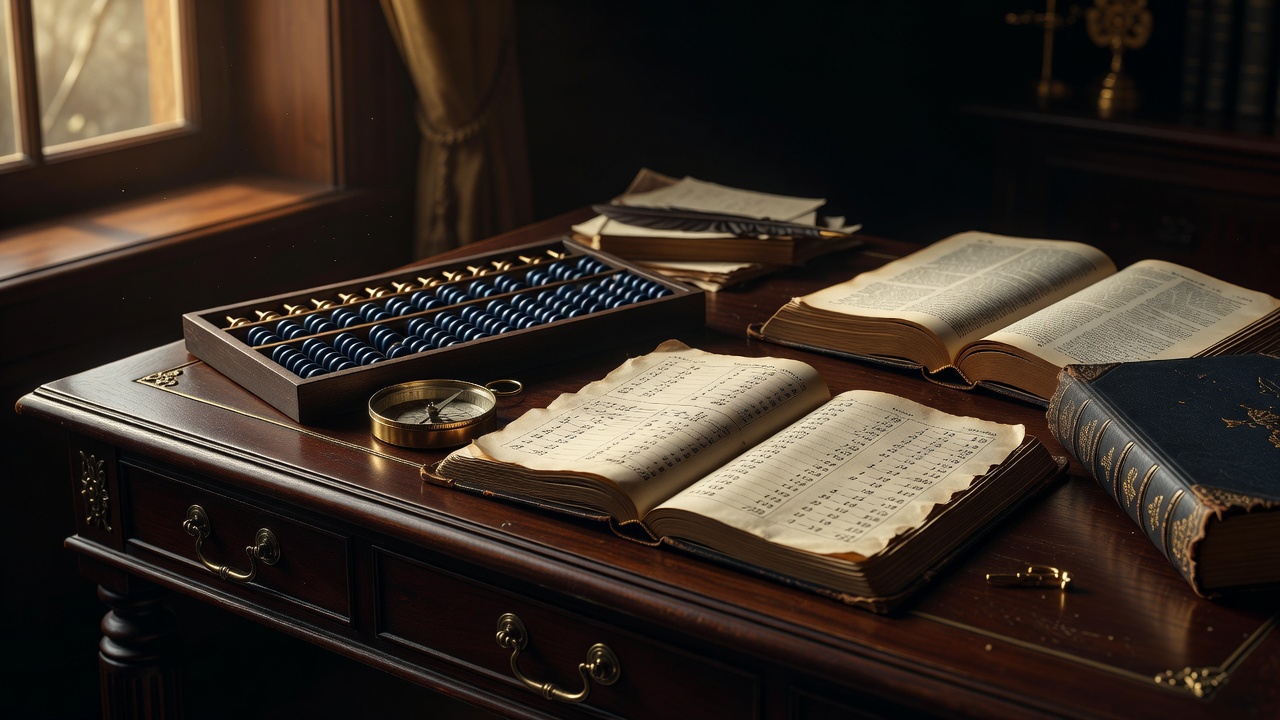 A classical desk with an open ledger of handwritten sums, an abacus, a compass, and an open Bible, lit by warm window light. Navy and gold tones, oil-painting realism.