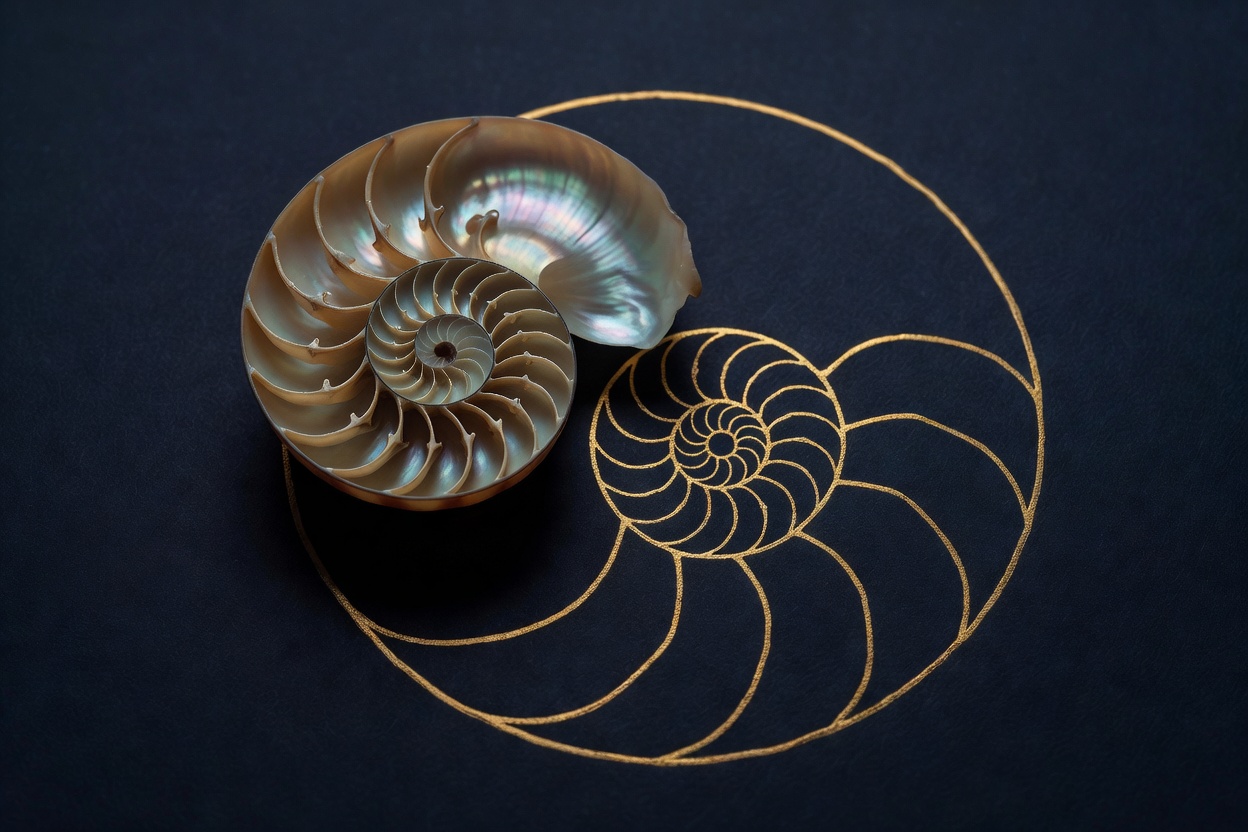 A close-up of a nautilus shell beside a geometric spiral drawn in gold on dark paper, the natural form and the mathematical curve mirroring each other. Deep navy background, warm gold lines.