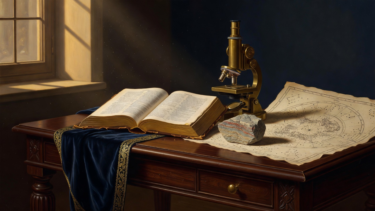 A classical study desk with an open Bible beside a microscope, a geological specimen, and a star chart, lit by warm window light. Navy and gold tones, oil-painting realism.