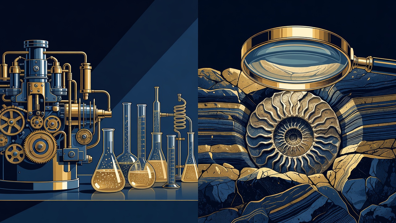 A split illustration. Left half: a working engine and laboratory glassware representing operational science. Right half: a fossil embedded in rock layers under a magnifying glass representing historical science. Navy and gold palette, clean classical line-art style, balanced composition.