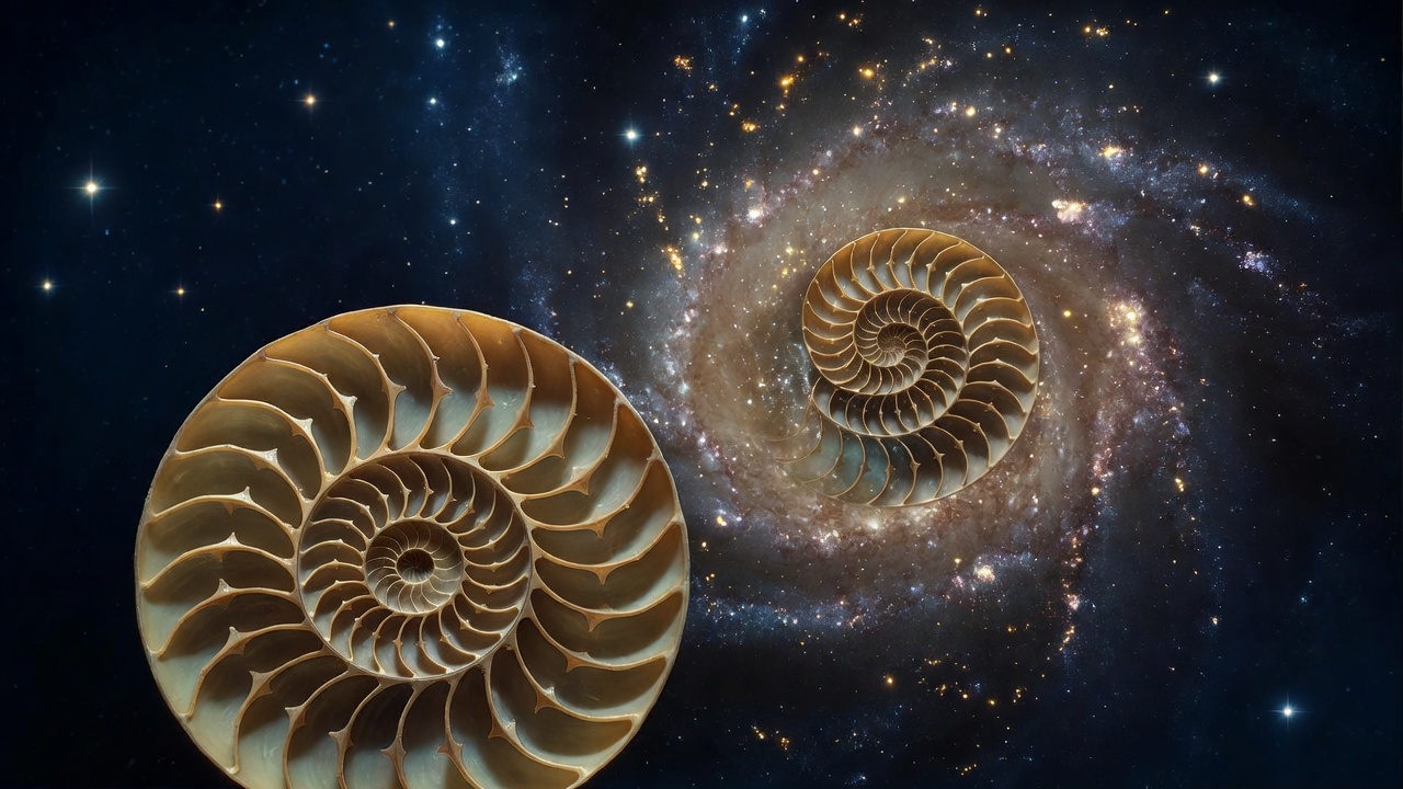 A close-up of a nautilus shell showing its logarithmic spiral, beside a spiral galaxy, the two forms echoing each other. Warm gold spirals on deep navy background, evoking ordered design repeating across scales.