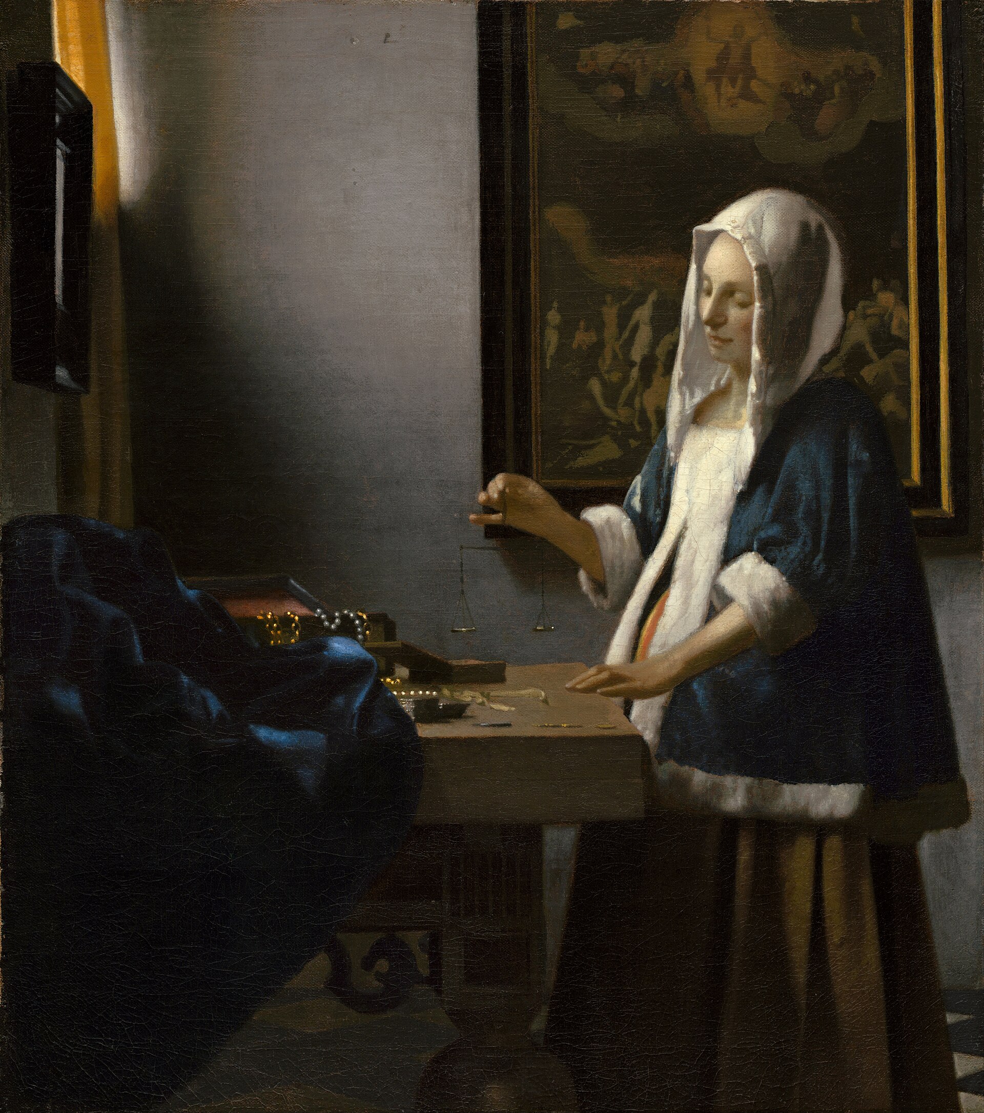 Johannes Vermeer, Woman Holding a Balance (c. 1664). A woman weighs an empty scale beneath a painting of the Last Judgment, a reminder that every earthly authority is itself measured.