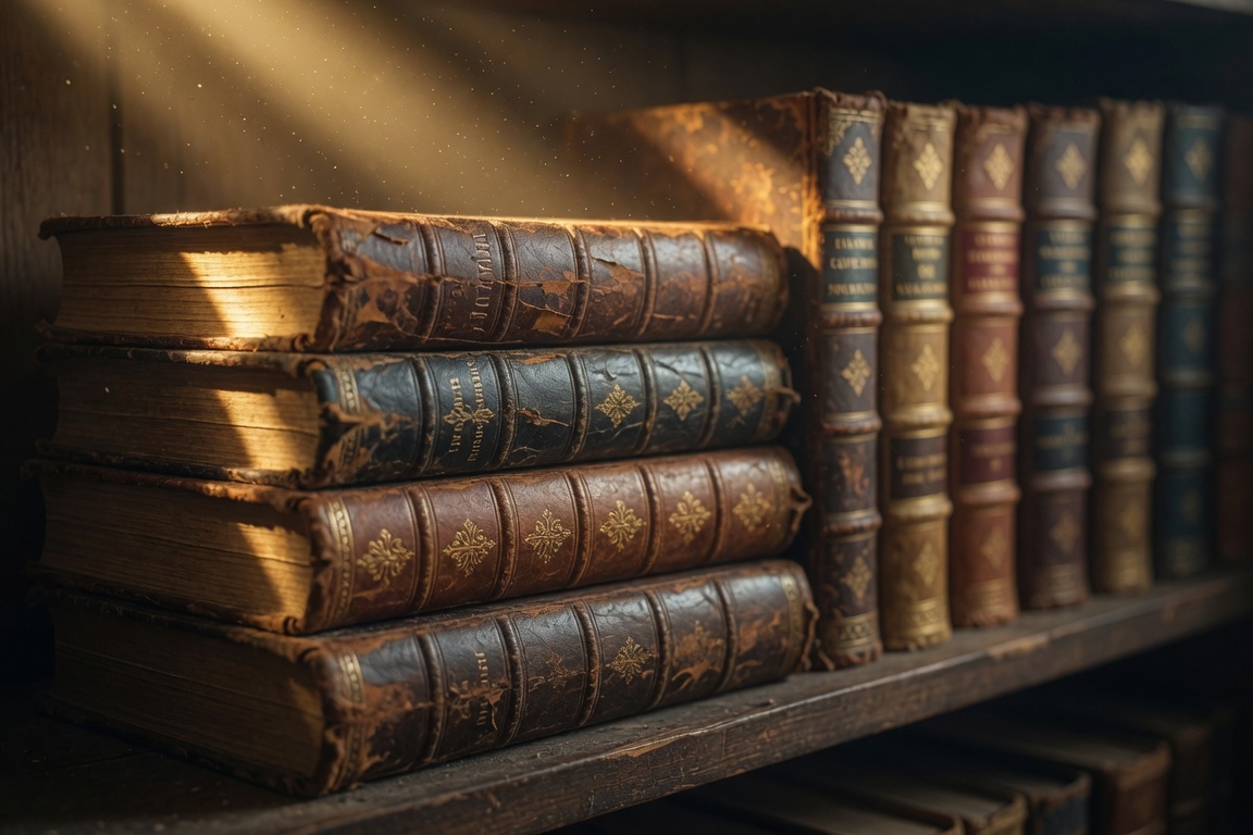 Un estante de libros antiguos encuadernados en cuero bajo una luz cálida